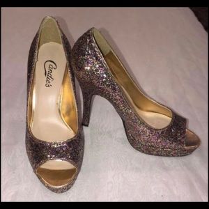 Candie’s size 7 open toed heels with multi colored glitter and non slip bottoms